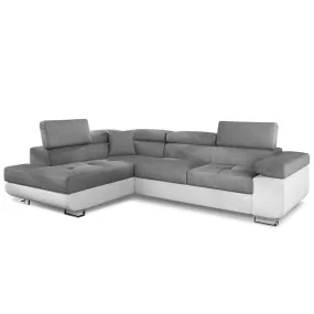 Canapé d'angle convertible Antoni avec têtières relevables angle gauche simili Blanc et tissus Gris clair | 