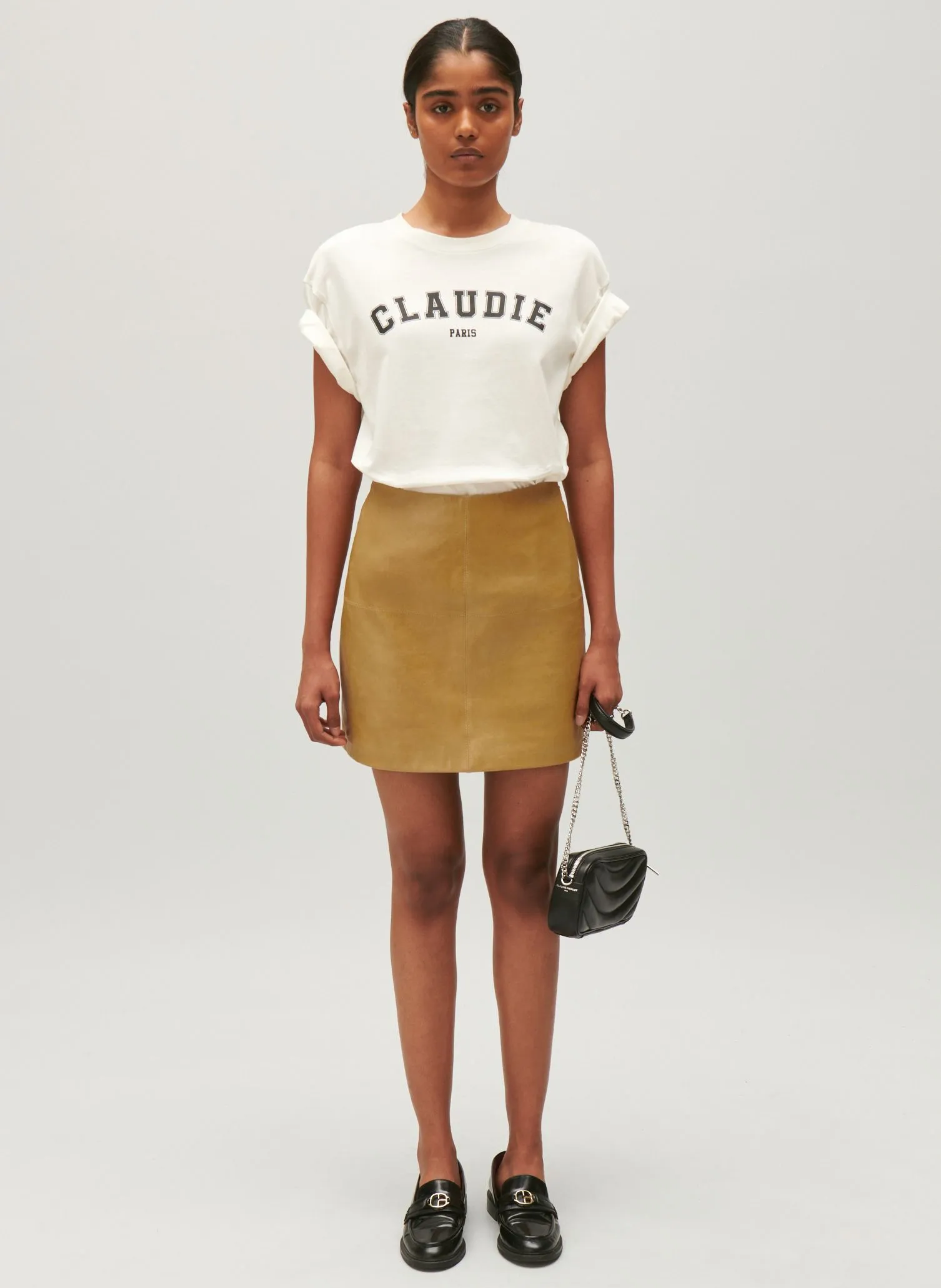 CLAUDIE PIERLOT  Jupe courte droite en cuir d'agneau - Jaune