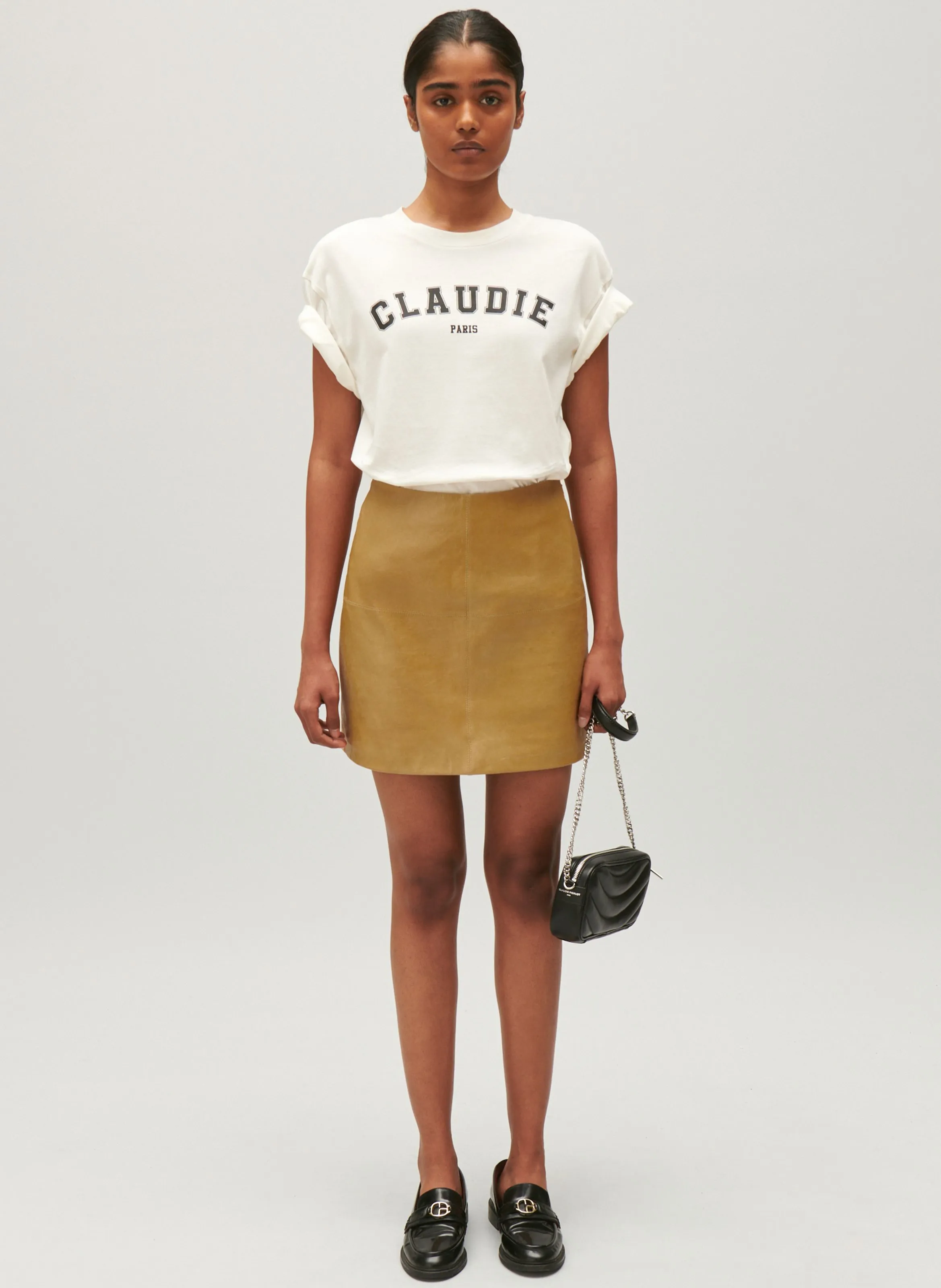JUPE COURTE DROITE EN CUIR D'AGNEAU - CLAUDIE PIERLOT pour FEMME | Printemps