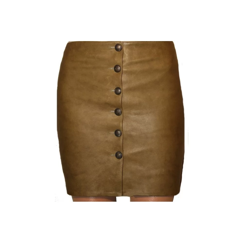 Jupe courte à boutons en cuir de vachette plongé couleur kaki modèle Lova
