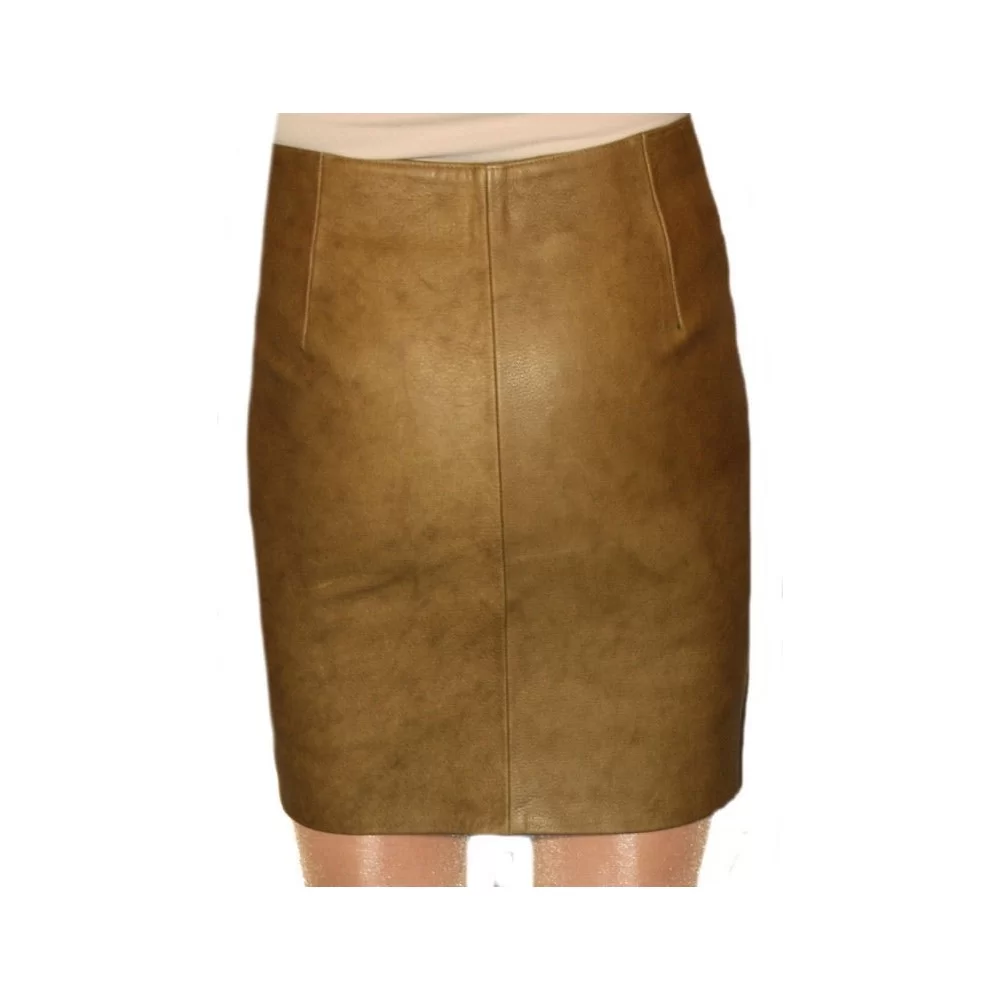 Jupe courte à boutons en cuir de vachette plongé couleur kaki modèle Lova