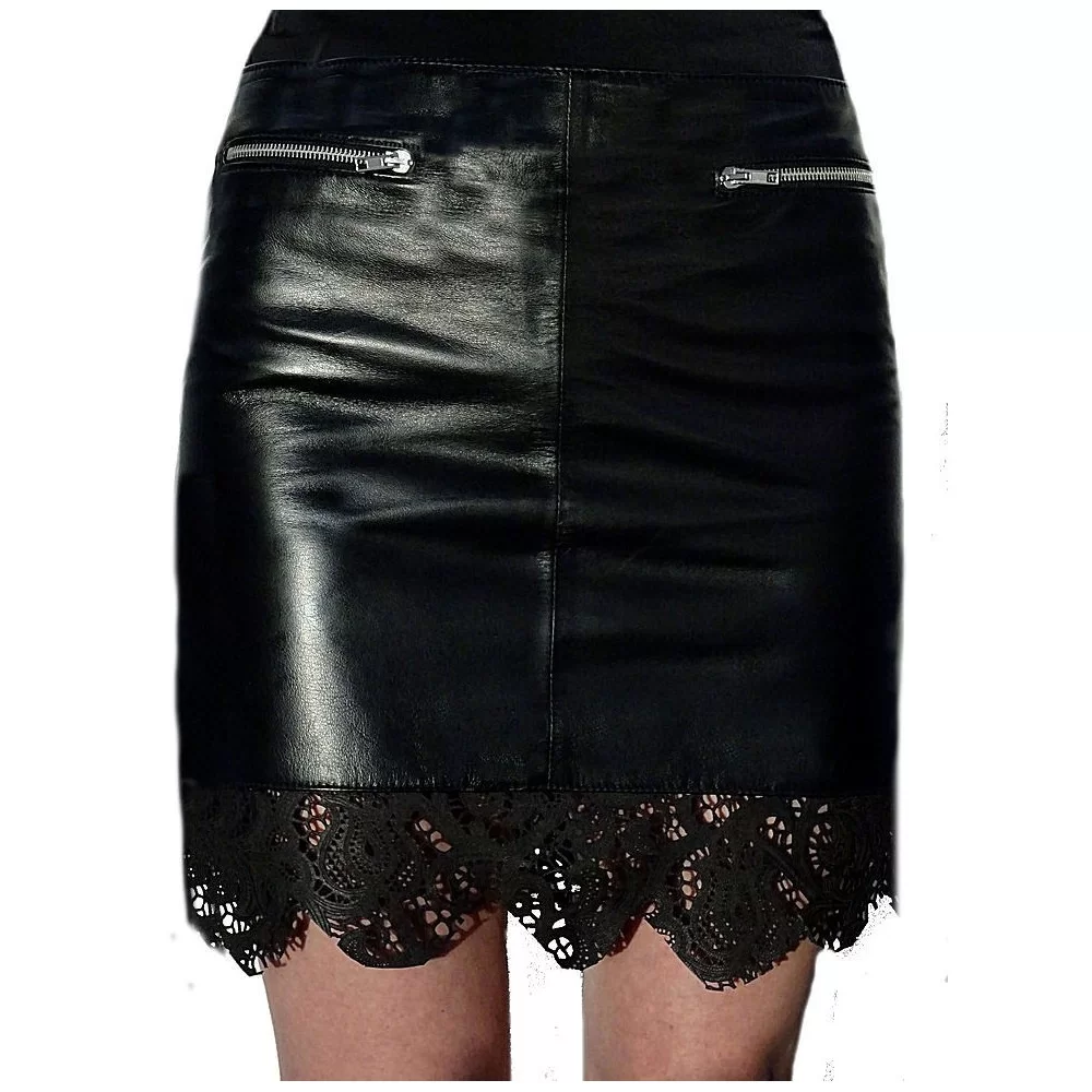 Jupe cuir agneau plongé couleur noire bas dentelles cuir modèle Elizéa