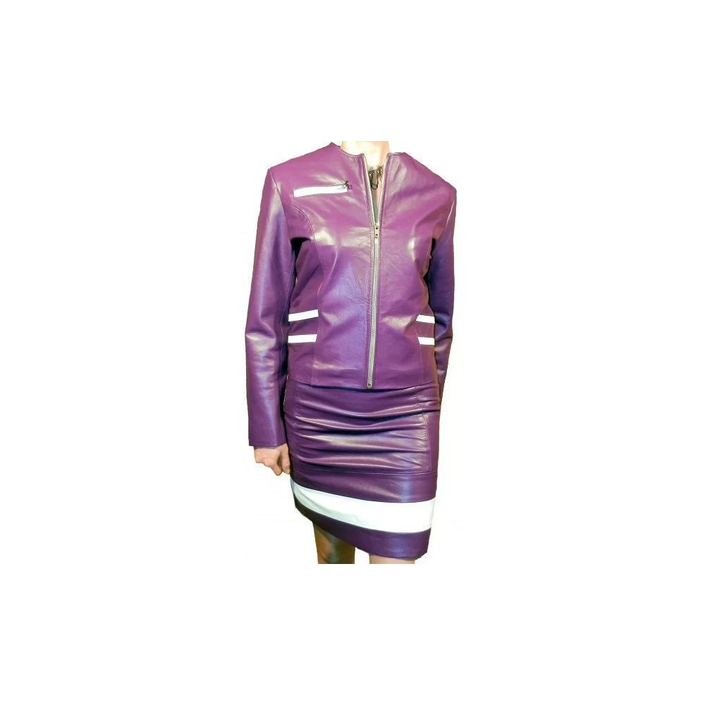 Jupe cuir bicolore agneau plongé violet et blanc modède Istella