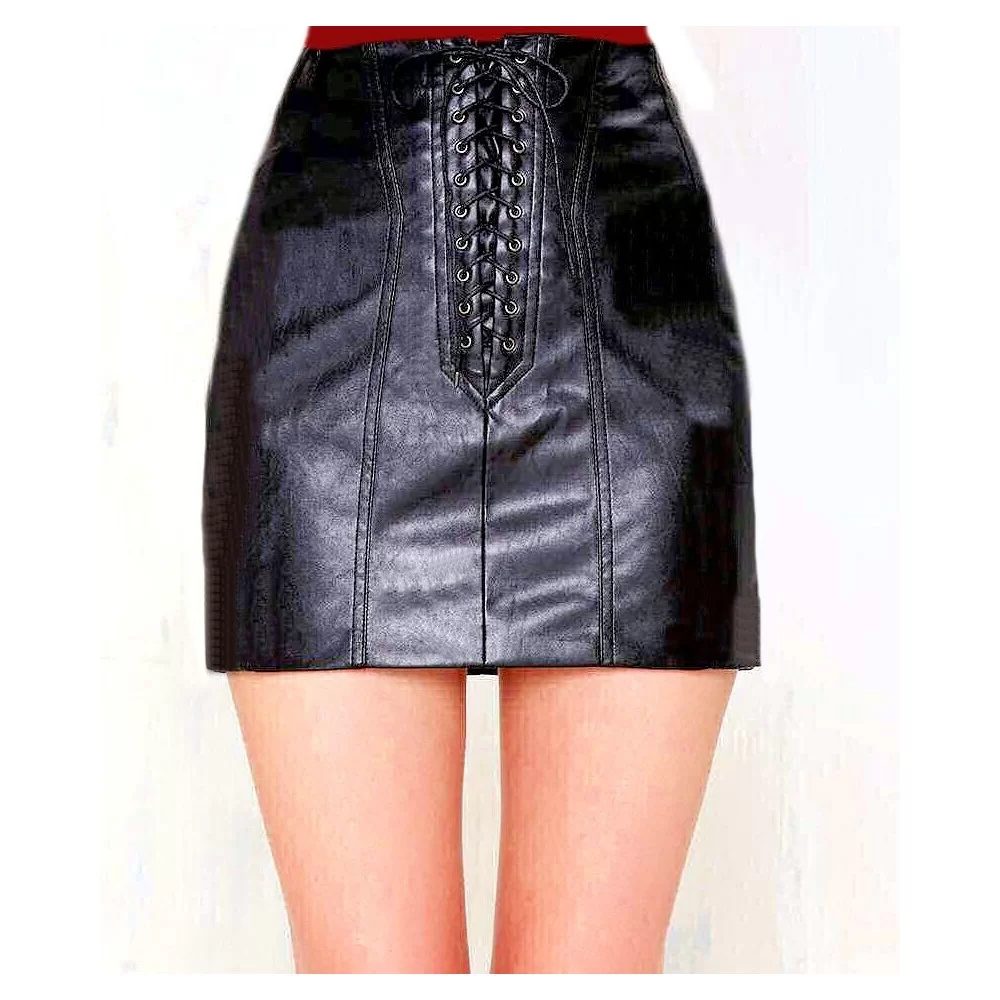 Jupe cuir courte en agneau noir laçage avec cordon cuir sur l'avant modèle Tira