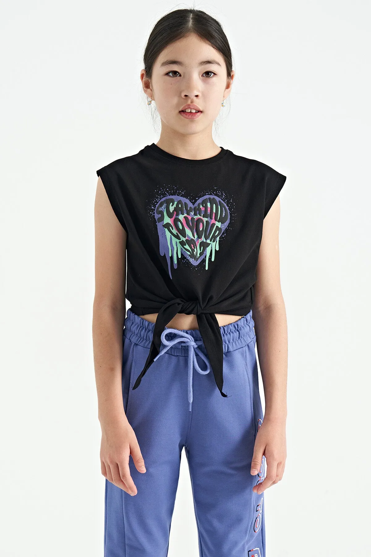 kalp baskili n düüm detayli rahat form kiz ocuk t-shirt - 75114