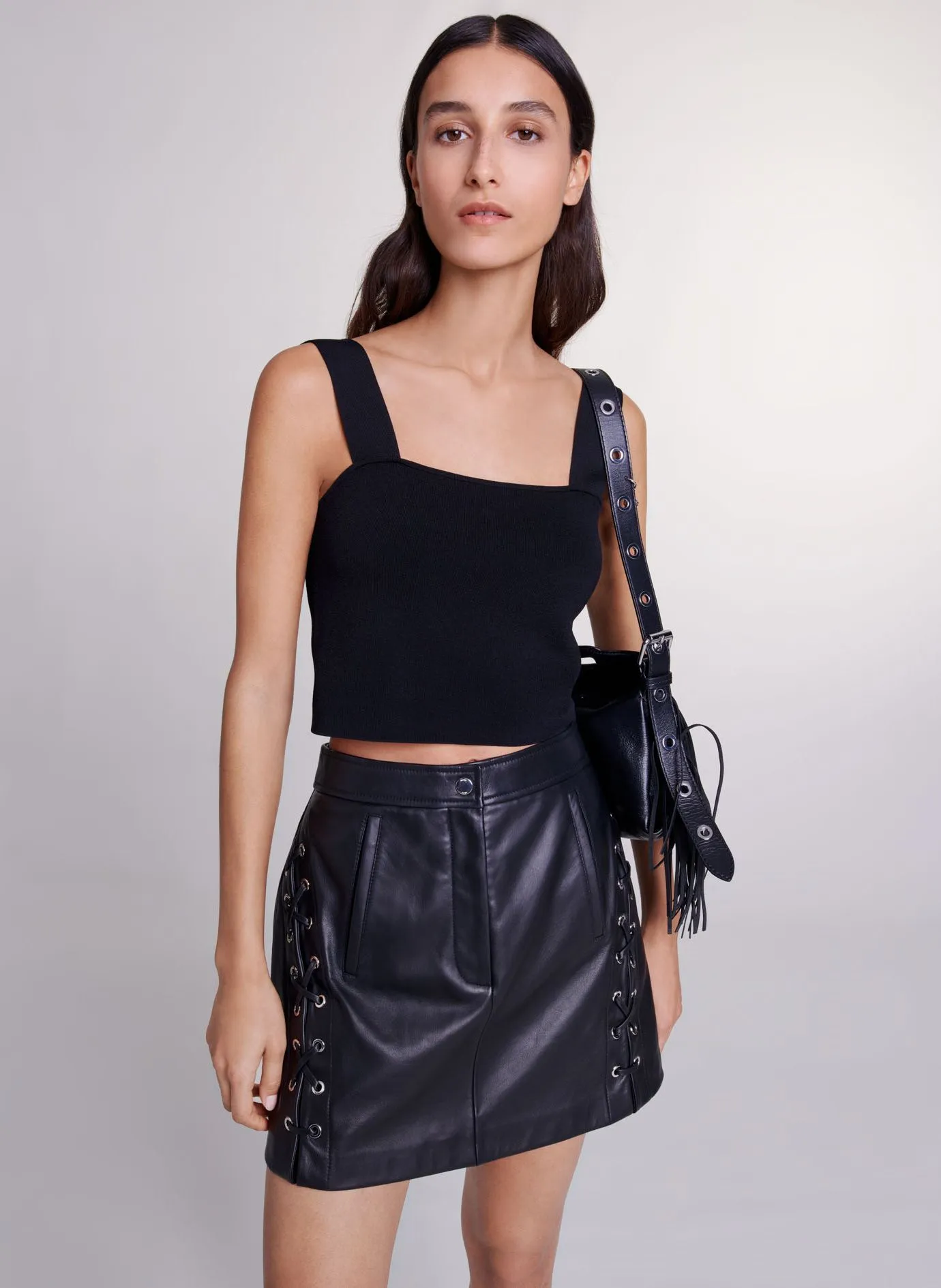 MAJE  Jupe courte en cuir - Noir