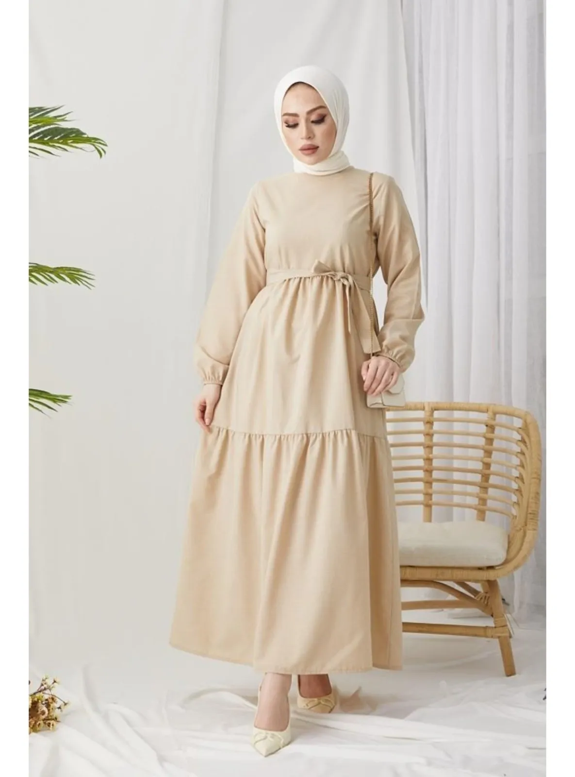 Zero Neckline Belt Detailed Modest Dress Stone